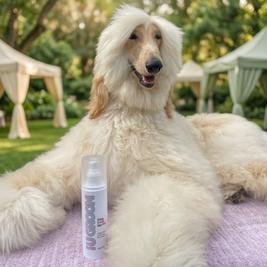 Fluffy cream afghan hound with ugroom detangler spritz.