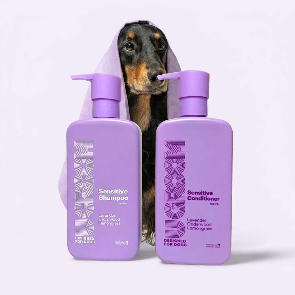 U GROOM Sensitive Shampoo and Conditioner bottles with a dachshund wrapped in a lilac towel