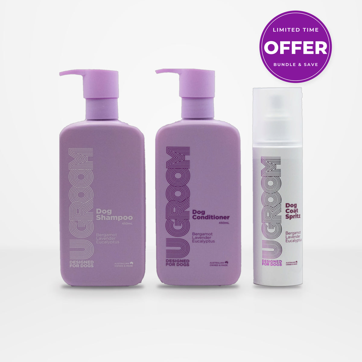 U GROOM shampoo, conditioner and coat spritz bundle with a limited-time offer sticker.
